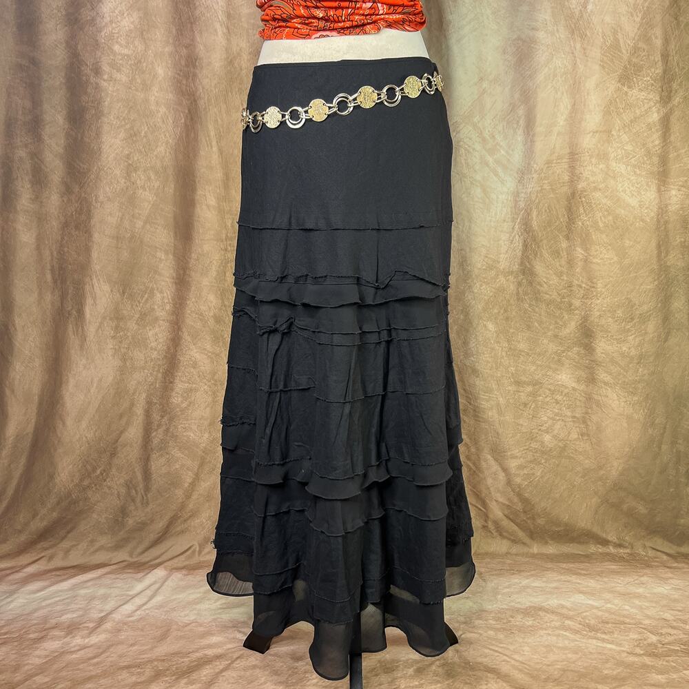Whimsigoth Peasant Maxi Tiered Skirt Black Ruffled Layered Boho Witchy Goth Y2K